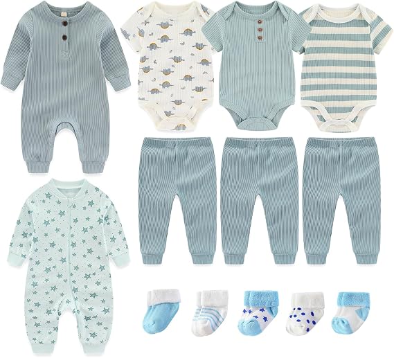 Ruliby Baby Bodysuits and Zip Romper Pants Set Cotton Newborn Clothes
