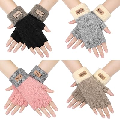 fauson Fingerless Gloves for Women - 4 Piars Winter Gloves Men Warm Knit Cold Weather, Half Finger Glove for Winter Gifts