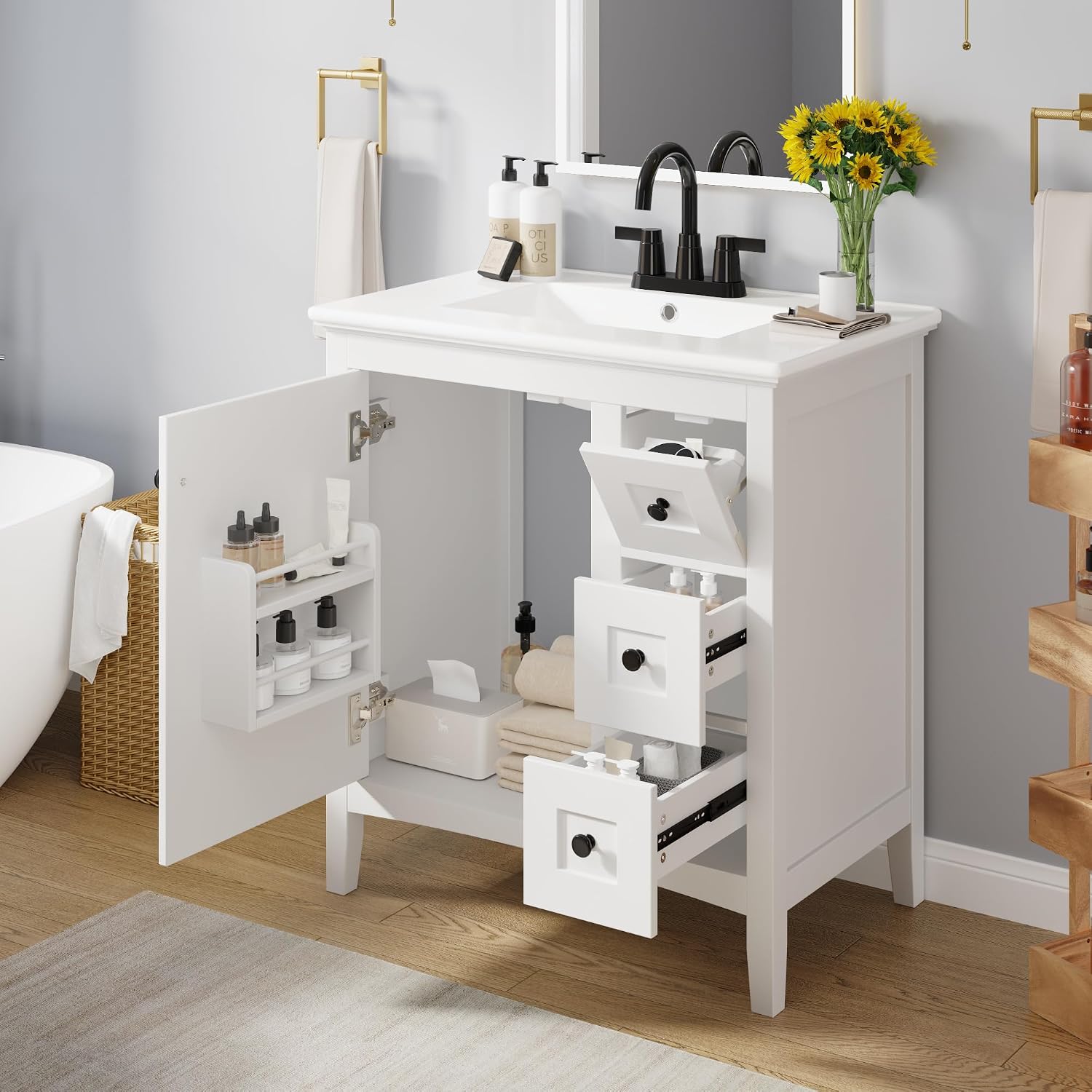 30 Bathroom Vanity with Ceramic Sink, Modern Bathroom Storage Cabinet with 1 Door and 3 Drawers, Solid Wood Frame Bathroom Vanities
