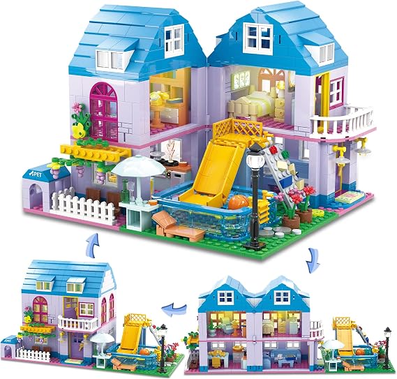 3 in 1 Girls Summer Villa Friends Building Set Compatible with Lego Friends with Swimming Pool, Slide, Pet Home- Creative Modular House Playset for Kids Aged 6+