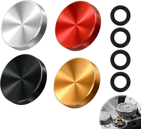 Pack of 4 Shutter Release Buttons, Soft Release Button, Universal Concave Surface Release Button with 4 Soft Rubber Rings, Compatible with Fuji X100, Hasselblad, with Canon (Red, Black, Gold, Silver)