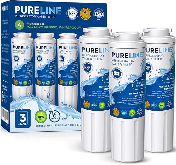 Pureline UKF8001 Refrigerator Water Filter Replacement, EDR4RXD1, Everydrop Filter 4, UKF8001AXX-750, UKF8001AXX-200, Maytag UKF8001, Whirlpool EDR4RXD1, 4396395, Kenmore 9084, 9006, (3 Pack)