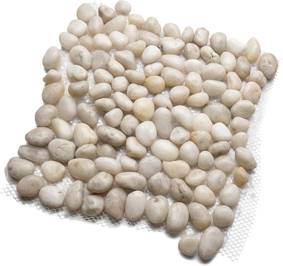 Mini Polished White Pebble Tile 12" x 12" Mesh Backing - Premium Natural Stone for Bathroom Decor Shower Floors Kitchen Backsplashes - Interlocking Design Seamless Installation - Pack of 1