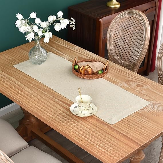 NEWISHER Farmhouse Rustic Table Runner Solid Beige Rectangular Table Runners Faux Linen Table Runner for Everyday Use Kitchen Dining Party Table 13x36 Inch
