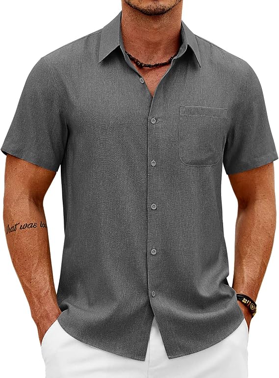 COOFANDY Mens Short Sleeve Button Down Shirts Casual Summer Shirts Linen Beach Shirt with Pocket