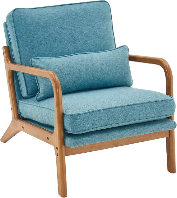 VINGLI Arm Chairs,Mid Century Modern Accent Chairs with Solid Wood Frame,Upholstered Armchair with Lumbar Pillow,Chairs for Living Room,Bedroom,Small Spaces,Linen (Elegant Blue)