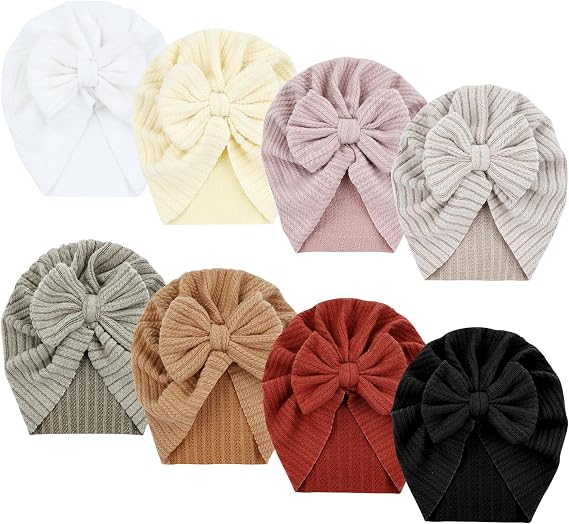 Dizila 8 Pieces Baby Turban Hats with Big Bow Newborn Caps Beanies Bonnets Headwraps for Baby Girls Boys Infants Toddlers