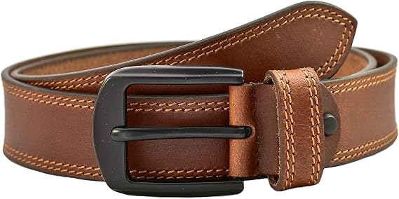 Mens Genuine Leather Double Stitch Full Grain Belt Belts With Mat Black Buckle Enclosed in an Elegant Gift Box
