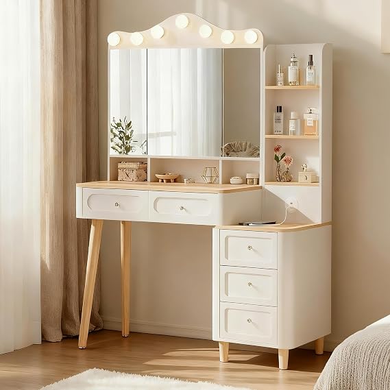Modern Vanity Desk with Mirror and LED Lights - Makeup Table with 2 USB Power Strip, 3 Lighting Modes, Foldable 3-Sided Mirror & Storage Drawers