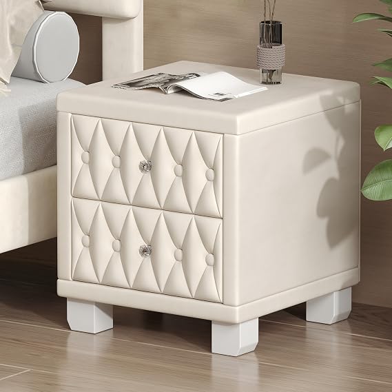 Velvet Nightstand with 2 Drawers, Button-Tufted Upholstered Bedside Table with Crystal Handle, Modern Storage End Table for Bedroom Living Room, Beige