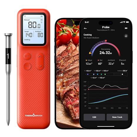 ThermoMaven Smart Bleutooth Wireless Meat Thermometer, Standalone Base, WiFi Unlimited Range, NIST Certified Accuracy, Smart App Alerts for Grill, Oven, Smoker, BBQ