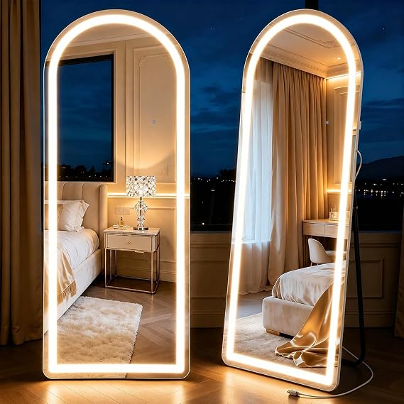 Refined LED Full Length Mirror 63"x21" with Wide Light Strip and Stand | 3 Color Lighting Modes, Dimmable, Standing/Wall Mount/Leaning, Shatterproof Glass, Bedroom/Dressing Room/Cloakroom