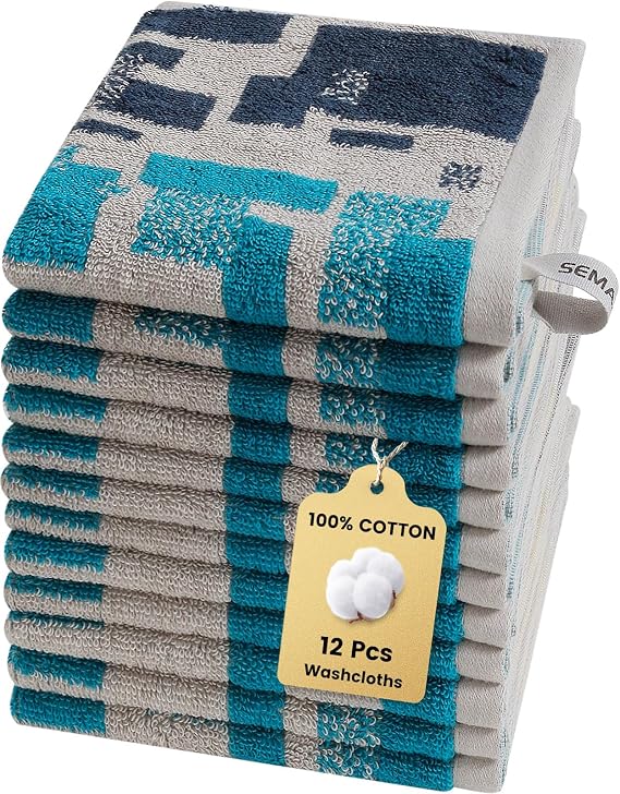 SEMAXE Asma Halkalı ve Akıllı Etiketli Keseler,%100 Pamuklu Yıkama Bezi 12'li Set, Banyo için Yüz Havlu Seti, Otel ve Spa Kalitesi, Hediye Kutusu Ambalajı, 33 cm U x 33 cm G