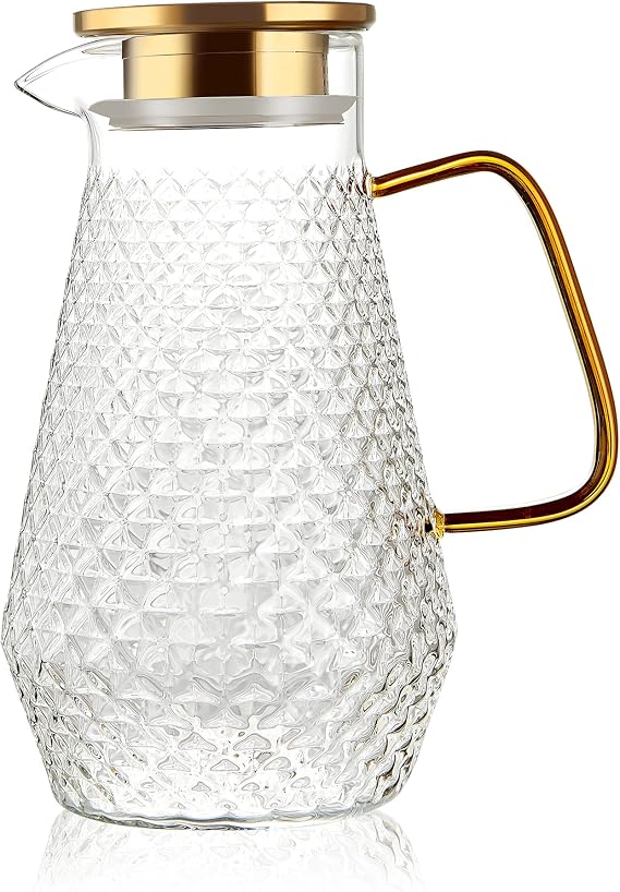 Glass Pitcher,50oz/1.5 Liter Water Pitcher with S.S. Lid, Beverage Serveware, Iced Tea Jug,Water Carafe with Handle,Heat Resistant. Refrigerator Usable.