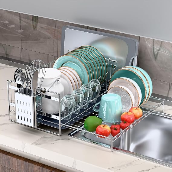 Large Dish Drying Rack, Expandable Dish Rack, 304 Stainless Steel Dish Racks for Kitchen Counter, Multifunctional Dish Drainers with Utensil Holder & Cutting Board Holder