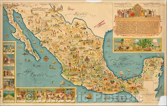 Historic Map - Mapa Ilustrado de la Republica Mexicana Publicado Por Margaret M. Crane Eugenio Fischgrund/Pictorial Map of Mexico, 1930, Miguel Gomez Medina - Vintage Wall Art 24in x 16in