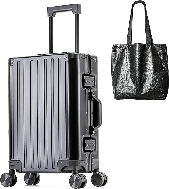 All Aluminum Carry On Luggage 22x14x9 Airline Approved Hard Shell Carry On Luggage Zipperless Luggage Metal 20inch Suitcase Luggage, Black