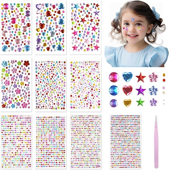 YIMETOP 3500pcs Gem Stickers with Pick Up Tweezer, 10 Sheets Stick on Gems Jewel Stickers Self-Adhesive Rhinestone, for DIY Nail Crafts Jewel Clothes Makeup Face