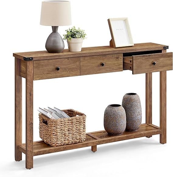 VASAGLE 47.2" Narrow Console Table with 3 Drawers and Open Storage Shelf