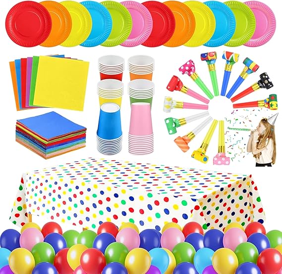 222 Pieces Colorful Rainbow Party Tableware Set - Tablecloth, Colorful Balloons, Party Blowers Whistles, Cups, Napkins, Multicolor Dinner Plates for DIY Birthday Holiday