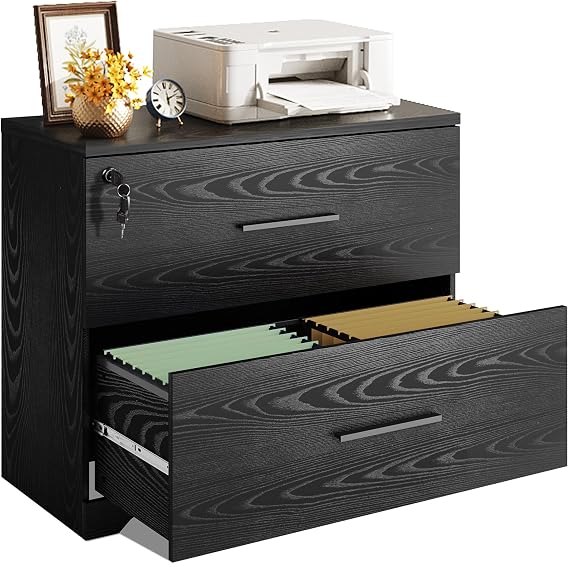 2-Drawer Wood Lateral File Cabinet with Lock for Home Office, Black