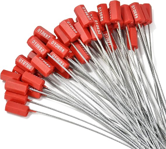 50pcs Pull-Tite Anti-Tamper Red Steel Wire Cable Seals Numbered Self-Locking Trailer Seals (Red)