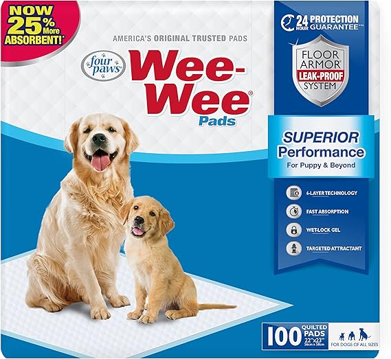 Four Paws Wee-Wee Superior Performance Unscented Pee Pads for Dogs & Puppies, Quilted Leak-Proof Dog Housebreaking Potty Training Floor Protection, 22" x 23", 100 Count