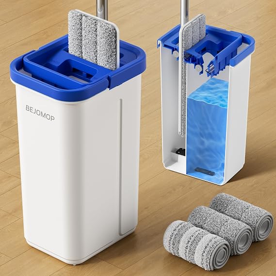 Mop and Bucket Set, 60" Long Handle Mops for Floor Cleaning, Squeeze Flat Mop and Bucket System, Dry & Wet Dust Mops for Household Floor Cleaning with 3 Microfiber Mops, Slate Blue