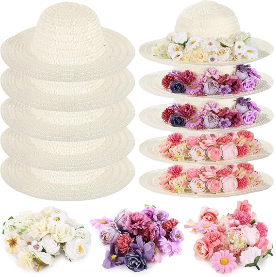 Skdqiee 70 Pcs DIY Straw Hat Kit, Tea Party Hats, Paintable Blank Sun Hats with 60 Assorted Faux Flowers, Party Craft Kit for Camping, Picnic, Beach Trip, Dress Up Party
