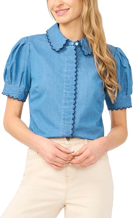 CeCe Short Sleeve Scallop Button-Up Top