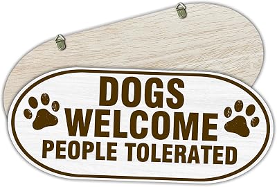 Dogs Welcome People Tolerated - 11.8X 5 Oval Wooden Hanging Sign With Hooks, White Dog Paw Farmhouse Porch Indoor Outdoor Yard Sign, Gift For Dog Lover, Home & Office Wall Decor & Accessories - C07