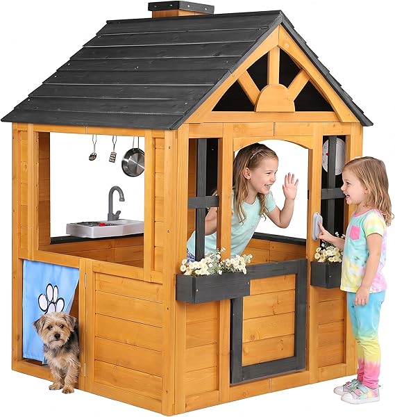 Jocoevol Kids Outdoor Playhouse, Cedar Wooden Kids Playhouse with Play Kitchen, Pet Door, Sink, Stove, Cookware, Windows, Flowerpot Holders, Ringing doorbell, Cottage Play House for Backyard