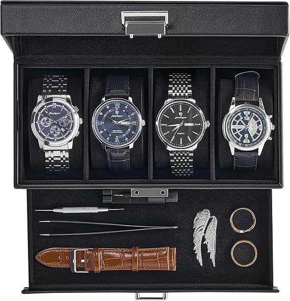 ProCase Watch Case, 4 Slot Mens Watch Box with Drawer -Black
