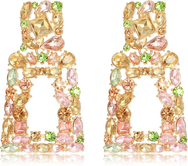 KELMALL Chunky Geometric Rhinestone Dangle Earrings for Women Bold Rectangle Statement Drop Earrings, Gift-Boxed Fashion Jewelry