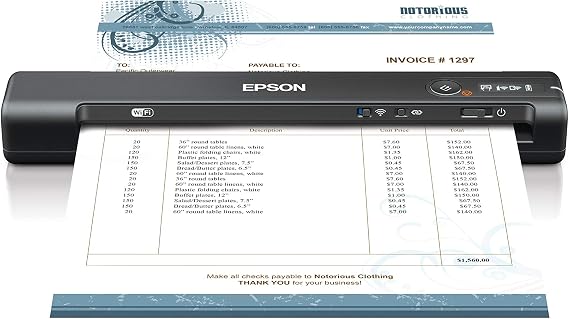 Epson Workforce ES-65WR Wireless Portable Sheet-fed Document Scanner with Premium Accounting Features for PC and Mac