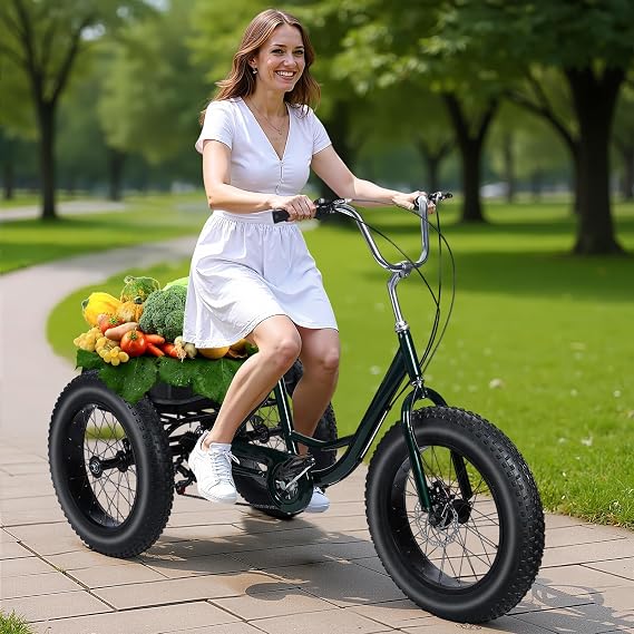 Fat Tires | 20 Inch Adult Tricycle | 7-Speed Trike for Adults | Stable 3 Wheel Bikes with Shopping Basket | Tricycles for Seniors Women Men | Picnic Trikes | 500lbs Capacity Black