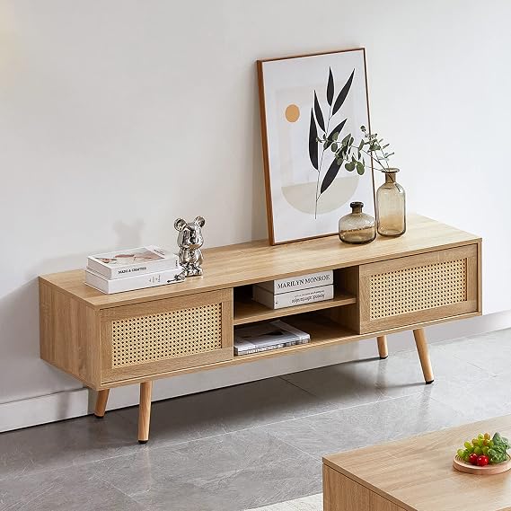 Mid Century Modern TV Stand for Living Room with Storage, 55.12 Inch Rectangle TV Medie Console for TVs Up to 60", Wooden TV Cabinet Entertainment Center with Sliding PE Rattan Woven Door Panel