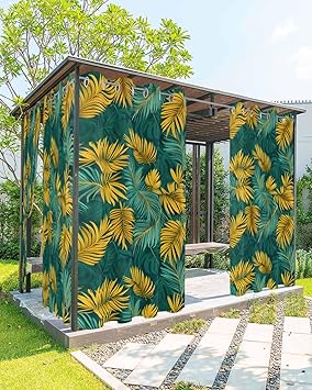 Outdoor Curtains for Patio Waterproof, Turquoise Tropical Blackout Curtains Outdoor Privacy Panels, Gold Palm Leaves Summer Pastoral Grommet Porch Outside Drapes 54"x108", 1 Panel