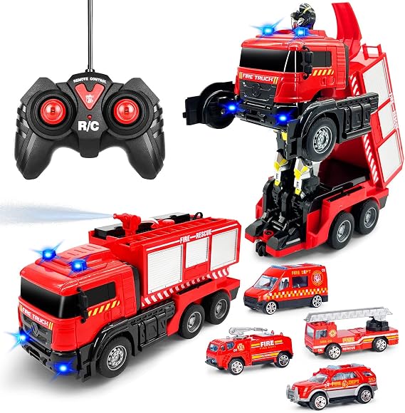 Grarain Remote Control Fire Truck for Kids with LED Lights & Sounds Water Spraying Transforming RC Truck Plus 4 Mini Fire Engines & 10 Road Barriers, Toy Car for Boys Aged 3+