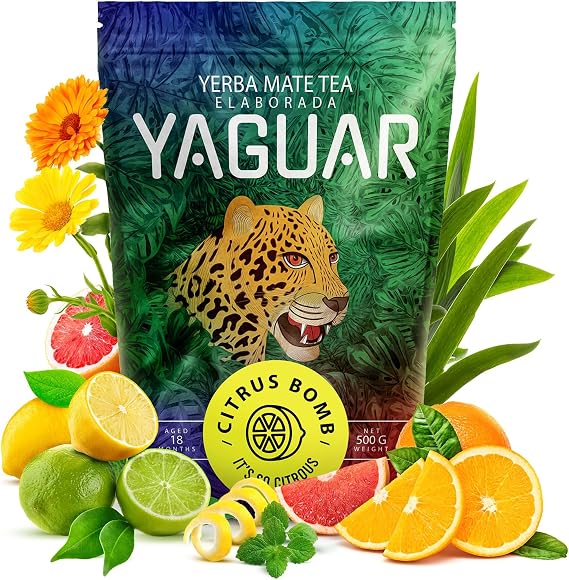Yaguar Yerba Mate Tea Citrus Bomb 0,5kg | Brazilian Yerba Mate 500g | Fruit Citrus Yerba Mate | Smoke Dried | Lemon | Orange | Lime | Natural Energy Drink | Herbal Tea | Loose Leaf Tea | Fruit Tea