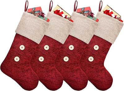 ElegantPark Christmas Stockings 4 Pack Burlap Christmas Stockings for Family Kids Large Xmas Rustic Red Stockings Christmas Decoration for Holiday Party Fireplace Home, 18 Christmas Stocking