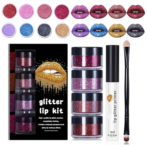 Sheglittary Glitter Lip Kit, 4 Color Glitter Lipstick with Lip Primer and Brush, Diamond And Glitter Metallic Lip Powder, Waterproof & Long Lasting & Smudge Proof (Set A)