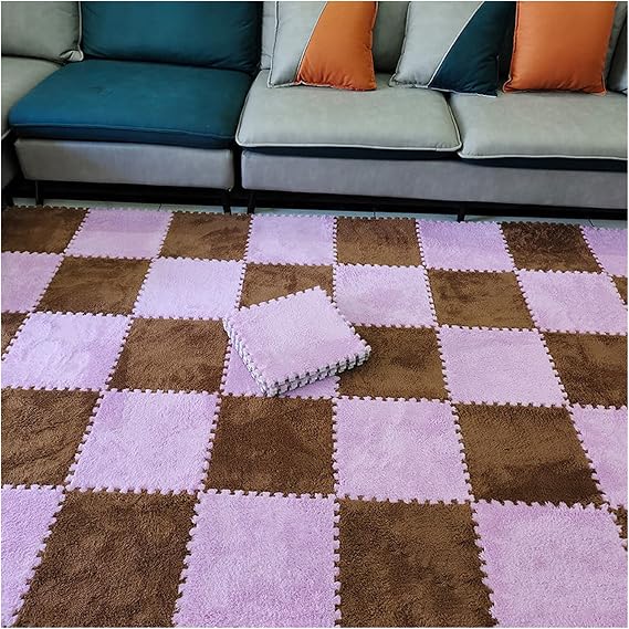 10 Pieces Interlocking Carpet Tiles, Plush Foam Square Floor Mats Set, 12x12inch Interlocking Fluffy Plush Puzzle Playmat With Border, 10 Tiles/10 Sq.Ft(Color:Coffee+Purple)