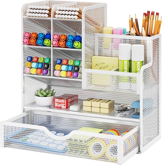 Marbrasse Mesh Desk Organiser,Stationary Organiser,Multifunctional Pen Holder,Desktop Storage and Drawer for Home Office(White)
