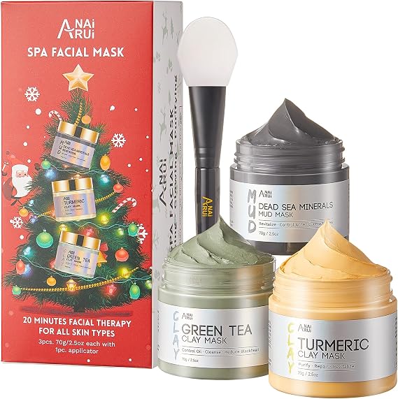 ANAiRUi Face Mask Gift Set for Christmas 70g*3, Turmeric Clay Mask - Green Tea Clay Face Mask - Dead Sea Minerals Mud Mask, Stocking Stuffers for Women &Teen Girl