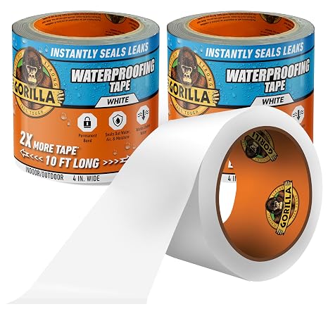 GORILLA Waterproofing Tape, Permanent Seal, White, 4" x 10', 2-Pack