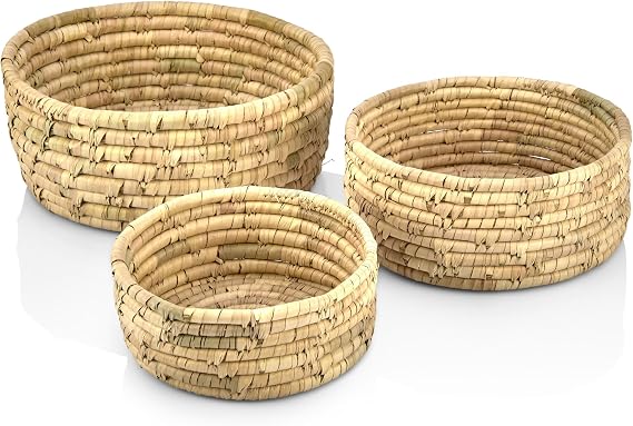 Deconox Doğal Hurma Ağacı Yaprağından Dekoratif Hasır Sepet - 3 Parça Sepet Seti (Yuvarlak) 25x13cm, 21x11cm ve 17x9cm