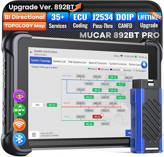 MUCAR 892BT PRO OBD2 Scanner with Topology Map, AI-Assisted Diagnostic Tool | Up Ver.of 892BT, J2534 Pass-Thru, OEM Diagnostics, 3000+ Active Test, ECU Coding, 35+ Services, Lifetime Update