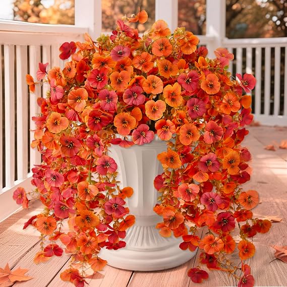 Artificial Fall Flowers for Decoration, 4 Pcs Outdoor Mums UV Resistant | Faux Silk Pansy, Front Door Porch Planter, Patio Yard Garden Balcony, Realistic, No Fade, Weatherproof, Orange Autumn Red
