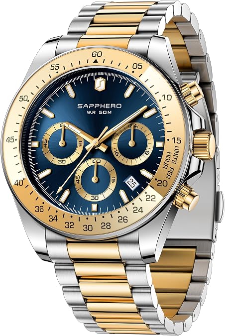 SAPPHERO Watches for Men Analog Quartz Chronograph Stainless Steel Waterproof Wrist Watch with Date Calendar Luminous Business Dress Watch